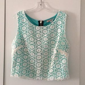 Crochet Overlay Teal Crop Zipper Back
